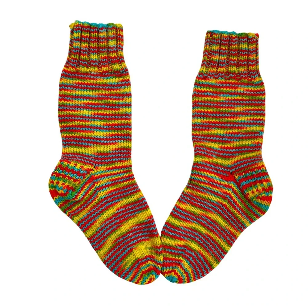 Hand Knit Rainbow Striped Crew Slipper‎ Socks Multicolored Boho Cozy Unisex